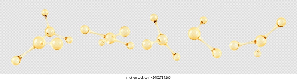 Set of gold oil molecule. 3D abstract molecular structures isolated on transparent background. Beauty science skincare molecular concept. Vector 3d illustration
