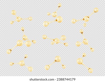 Set of gold oil molecule or atom. 3D abstract molecular structures isolated on transparent background. Beauty science skincare molecular concept. Vector 3d illustration svg