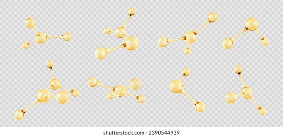 Set of gold oil molecule or atom. 3D abstract molecular structures isolated on transparent background. Beauty science skincare molecular concept. Vector 3d illustration