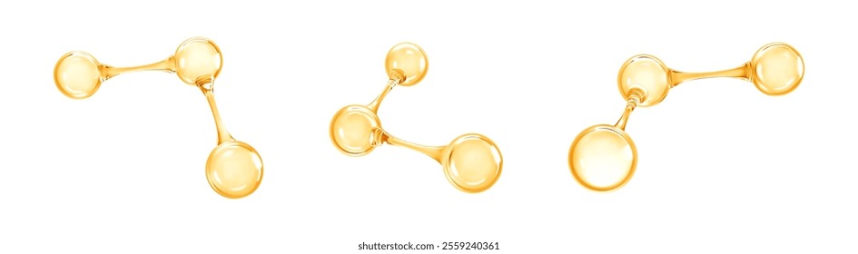 Set of gold oil molecule or atom. 3D abstract molecular structures. Beauty science skincare molecular concept. Vector 3d illustration