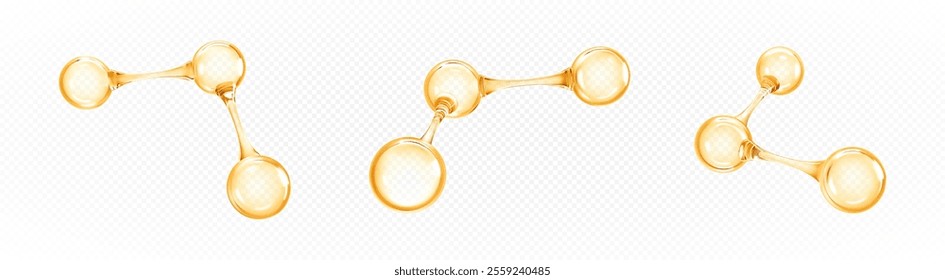 Set of gold oil molecule or atom. 3D abstract molecular structures isolated on transparent background. Beauty science skincare molecular concept. Vector 3d illustration
