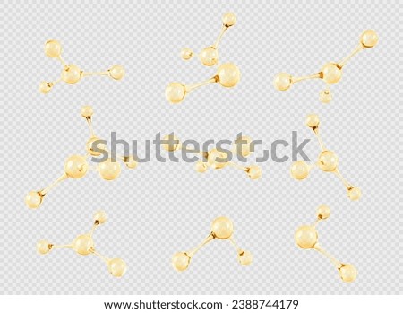 Set of gold oil molecule or atom. 3D abstract molecular structures isolated on transparent background. Beauty science skincare molecular concept. Vector 3d illustration