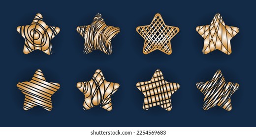 Conjunto de estrellas de calado dorado con rizos. Ilustración con mano creativa. Colección de elementos aislados de diseño vectorial de corte para icono o botón, tarjeta de saludo, invitación, afiche, banner web.