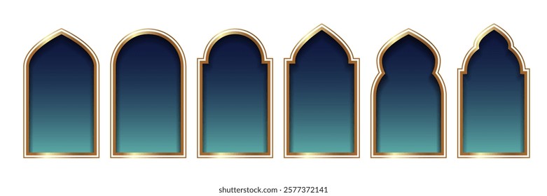 Set of of gold oriental Islamic windows and arches for Ramadan Kareem and Eid Mubarak. Vector illustration.