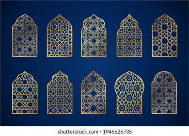 Set of gold ornate arab windows silhouettes. Vector illustration. Ramadan Kareem design element, invitation or card template. Arabic traditional architecture, beautiful arabesque motif pattern.