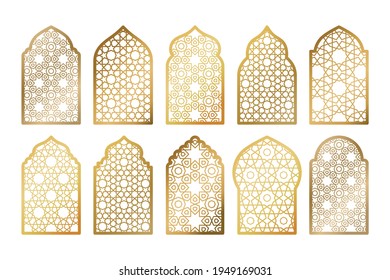 Set of gold ornate arab windows isolated on white. Vector illustration. Ramadan Kareem design element, invitation or card template. Arabic traditional architecture, beautiful arabesque motif pattern.