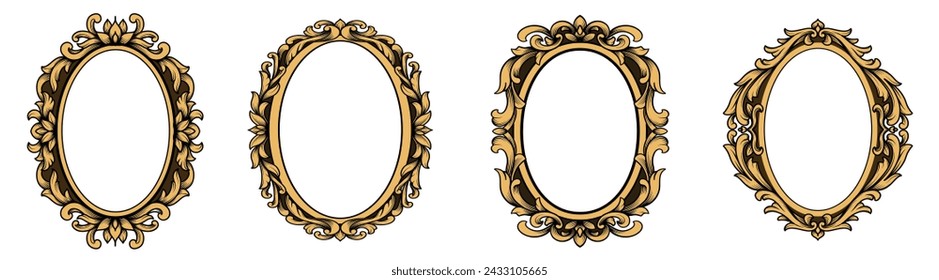 Set of gold oval vintage frames with classic engraving ornament. Swirl, flourish, victorian, damask, arabesque, filigree floral element border frame collection vector illustration