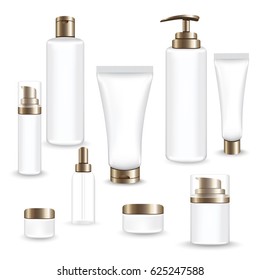 Set gold packages for face and body cosmetic. lotion, serum, oil, tube, shampoo, cream bottles vector illustration