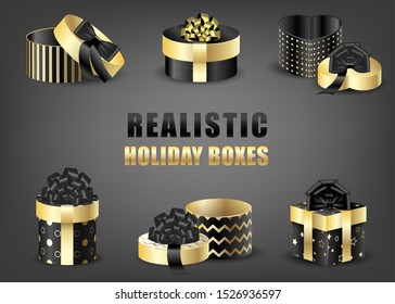 Set of gold packaging boxes. Vector realistic 3d objects on a black background. Gifts for christmas and new year.