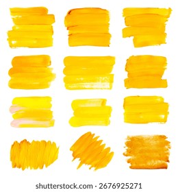 Set gold paint brush strokes, hand drawn. collection vector abstract yellow orange lines and blots on white isolated background.