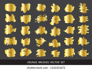 Set of gold paint, ink brush strokes, brushes, lines. Dirty artistic design elements, boxes, frames for text. Vector illustration.