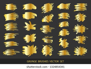 Set of gold paint, ink brush strokes, brushes, lines. Dirty artistic design elements, boxes, frames for text. Vector illustration.