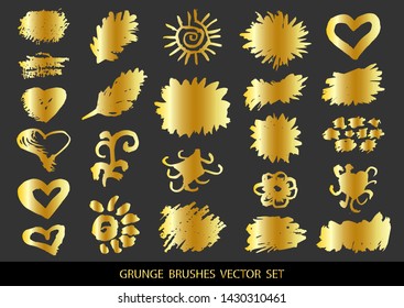 Set of gold paint, ink brush strokes, brushes, lines. Dirty artistic design elements, boxes, frames for text. Vector illustration.