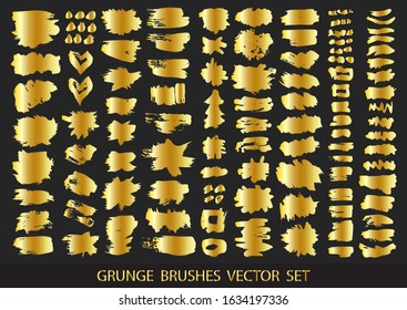 Set of gold paint, ink brush strokes, brushes, lines. Dirty artistic design elements, boxes, frames for text. Vector illustration.