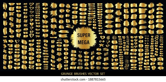 Set of gold paint, ink brush strokes, brushes, lines. Dirty artistic design elements, boxes, frames for text. Vector illustration.	