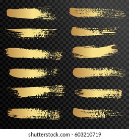 Set of gold paint, ink brush strokes, brushes, lines.