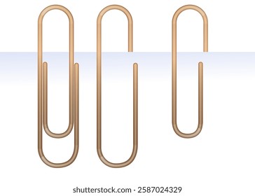 Set of gold paper clip on different side of paper. Office stationery concept. Stock vector illustration in realistic cartoon style.