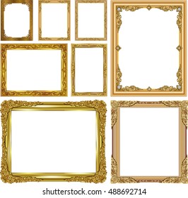 Set of Gold photo frame with corner thailand line floral for picture, Vector design decoration pattern style.frame border design is pattern Thai style