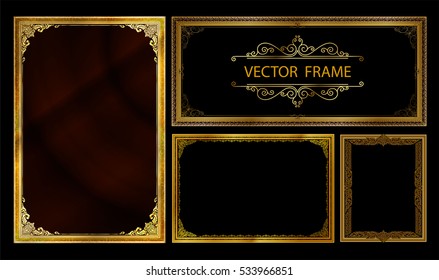 Set of Gold photo frame with corner thailand line floral for picture, Vector design decoration pattern style.frame border design is pattern Thai style