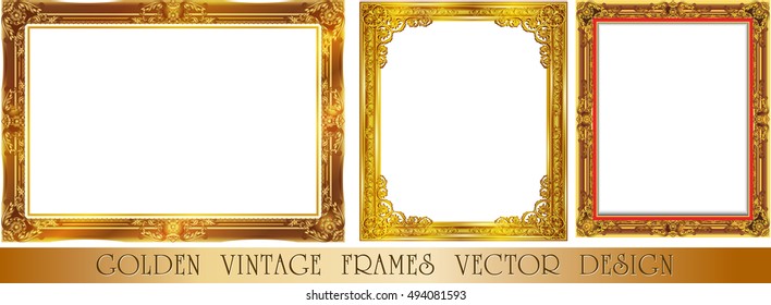 Set of Gold photo frames with corner thailand line floral for picture, Vector frame design decoration pattern style. wood border design is patterned Thai style