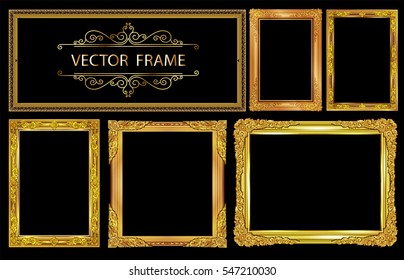 Set of Gold photo frames with corner thailand line floral for picture, Vector design decoration pattern style.frame border design is pattern Thai style