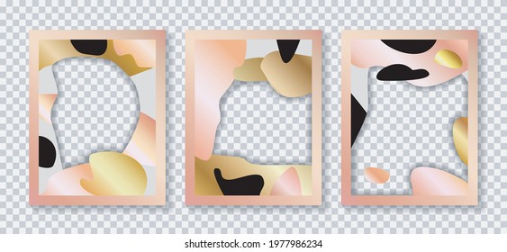 Set of gold pink abstract border frame with white line, pastel marble pattern transparent template.