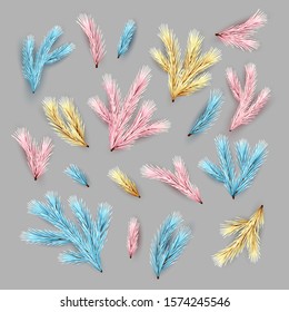 Set of gold, pink and blue Christmas tree branches. Vector fir branches in different colors. Decorative design elements