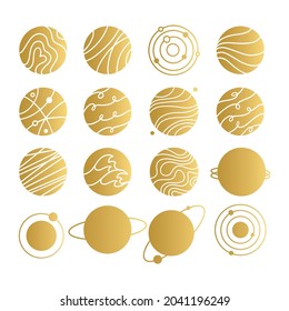 Set of gold planets flat icons. Logo, pictogram, sign, symbol of space. Universe, galaxy concept. Vector hand drawn stock illustration.	