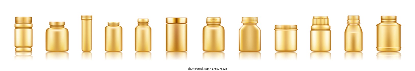 Set of gold plastic medicine jar mockups isolated on white background. Packaging design. Blank food, sport, fitness, or dietary nutrition, healthcare bottle template. 3d realistic vector illustration