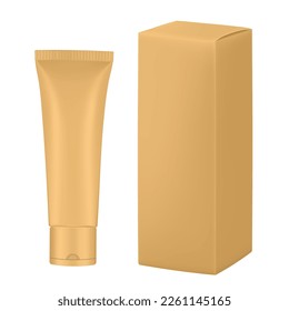 Set of gold plastic tube and box. Realistic mockup. Ointment or salve. Gel serum. Korean packaging. Blank cardboard package