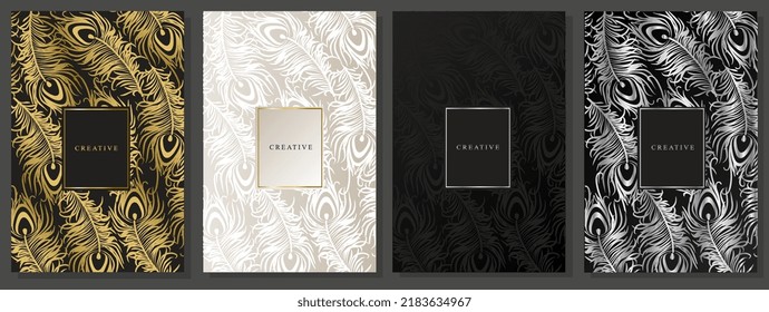 Set of gold, platinum, black and silver luxury covers. Peacock feather pattern. Vector illustration with center frame for logo.