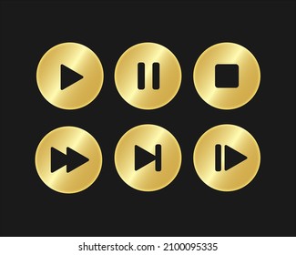 Set of gold play buttons. Play, pause, forward, skip, stop. Vector clipart isolated on dark background.