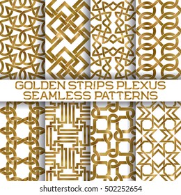 Set of gold plexus stripes seamless patterns tiles. Golden aquarelle repeatable backgrounds of intertwined bands.