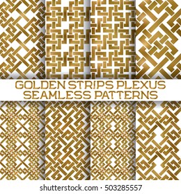 Set of gold plexus stripes seamless patterns tiles. Golden aquarelle repeatable backgrounds of intertwined bands.