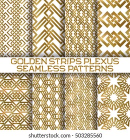 Set of gold plexus stripes seamless patterns tiles. Golden aquarelle repeatable backgrounds of intertwined bands.