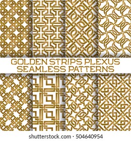 Set of gold plexus stripes seamless patterns tiles. Golden aquarelle repeatable backgrounds of intertwined bands.