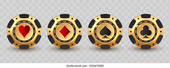 Set of gold poker chips, token with red and black suits on transparent. Diamonds, clubs, hearts, spades. Vector illustration for casino, game design, flyer, poster, banner, web, advertising.