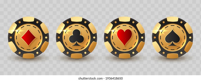 Set of gold poker chips, token with red and black suits on transparent. Diamonds, clubs, hearts, spades. Vector illustration for casino, game design, flyer, poster, banner, web, advertising.