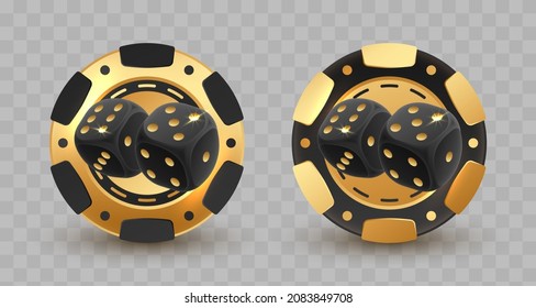 Set of gold poker chips, token with two black dices on transparent background. Vector illustration for card, casino club, game design, flyer, poster, banner, web, advertising.