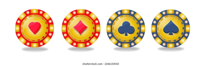 Set of gold poker chips, token with red and blue isolated on white background. Diamonds, clubs, hearts, spades. Vector illustration for casino, game design, flyer, poster, banner, web, advertising.