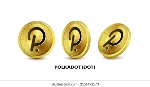 Set of Gold Polkadot (DOT) Vector illustration. Digital currency. Cryptocurrency. Golden coins with bitcoin, ripple and ethereum symbol isolated on white background. 3D isometric Physical coins.