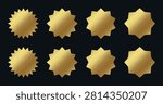 Set of gold polygon badges with geometric edges and metallic finish, modern premium seals for branding, product packaging, certificates, promotional labels, elegant vector collection design