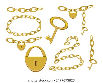 A set of gold products in the form of chains, keys, locks on a white background