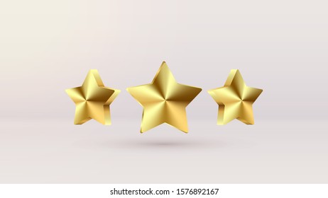 Set of Gold Ranking Stars isoalted on realistic background. Glossy yellow trophy, Christmas 3d star icon. Design elements for holidays, Game ui, award ceremony, leadership symbols. Vector EPS 10 file