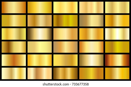 Set of gold realistic metal texture seamless gradient square vector backgrounds. Yellow bright light frame, ribbon, label patterns. Shiny sunny bright templates.