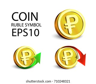 Set of gold realistic  rubles russian coin with pointer different angles around its axis for designers and illustrators.  Vector illustration coin
