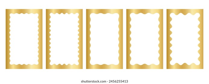 Conjunto de marcos de rectángulo dorado con bordes interiores ondulados. Espejo, marcos de fotos o cuadros en estilo de lujo. Cajas rectangulares doradas, etiquetas o etiquetas aisladas sobre fondo blanco. Ilustración vectorial.