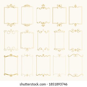 Set of gold rectangle hand drawn frames with calligraphic design elements. Vector isolated illustration.