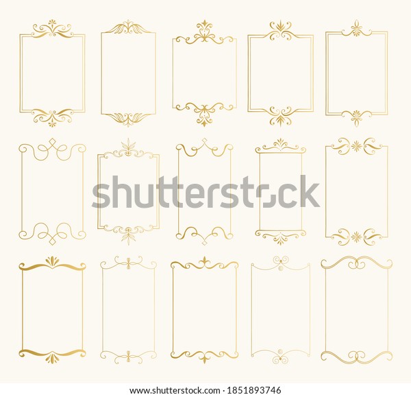Set of gold\
rectangle hand drawn frames with calligraphic design elements.\
Vector isolated\
illustration.