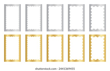 Set of gold rectangle mirror, photo or picture frames with wavy inner borders. Golden rectangular undulate design elements, stickers or tags isolated on white background. Vector illustration.